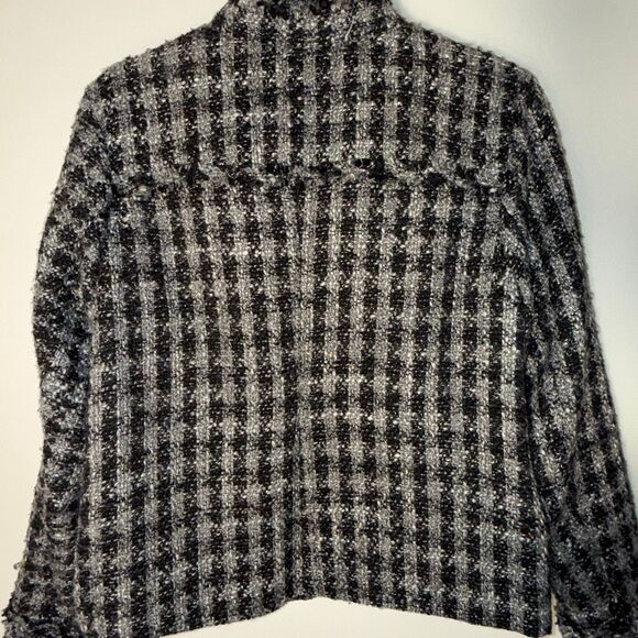 Wool Blend Textured Tweed Jacket Zip Front Black Gray Fringe Trim Women’s 12 – B - Picture 6 of 15